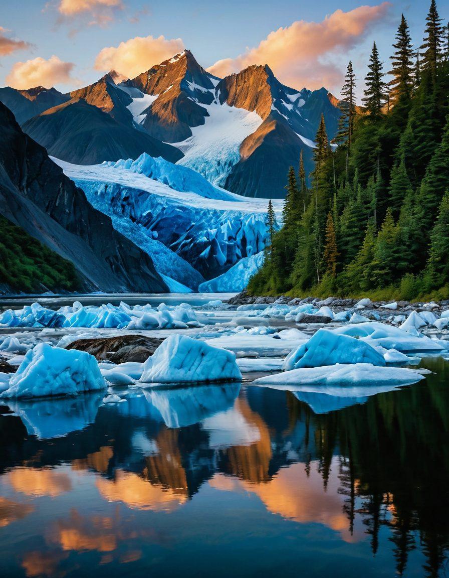 A breathtaking view of Alaska's majestic glaciers with vivid blue ice formations, transitioning into a lush green wilderness teeming with diverse wildlife like bears, eagles, and moose. The scene is illuminated by a golden sunset, reflecting off the icy surfaces and creating a harmonious blend of nature's splendor. Include adventure elements such as kayakers and hikers exploring the terrain. super-realistic. vibrant colors. scenic landscape.