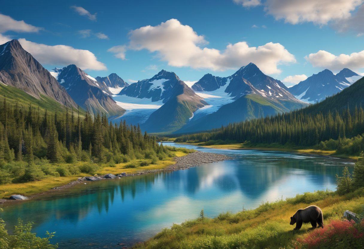 A breathtaking panoramic view of the Alaskan wilderness featuring majestic mountains, lush green forests, and a vibrant blue sky. Include hikers exploring rugged trails and wildlife such as bears and eagles in their natural habitat. The scene should evoke a sense of adventure and tranquility, emphasizing the untouched beauty of nature. super-realistic. vibrant colors. 3D.