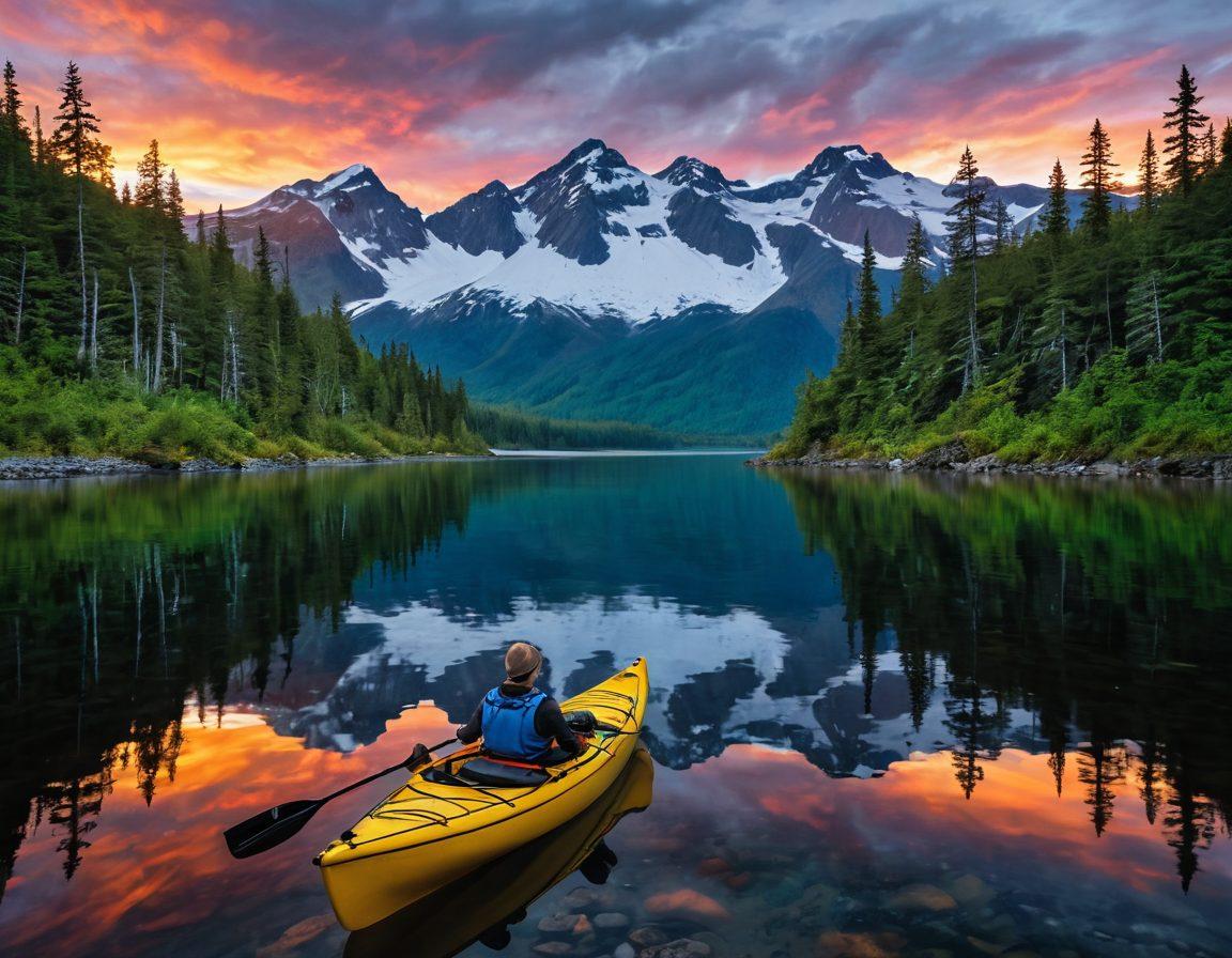 A breathtaking view of Alaska's rugged wilderness, featuring snow-capped mountains, lush forests, and a crystal-clear lake reflecting the sky. Include adventurers kayaking in the foreground, wildlife such as bears and eagles in their natural habitats, and vibrant northern lights illuminating the night sky. Emphasize the untamed beauty and adventure. super-realistic. vibrant colors. wide-angle perspective.